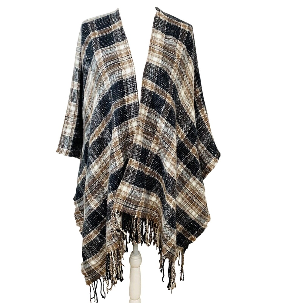 Universal Thread Plaid Poncho Wrap Brown Black White Fringe OSFM Women Shawl